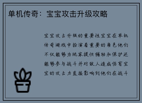 单机传奇：宝宝攻击升级攻略